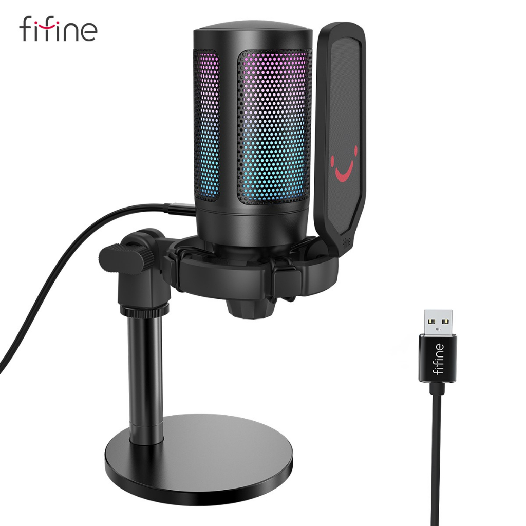 FIFINE A6 麥克風，帶有藍色與紫色 RGB 燈效